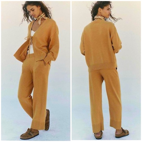 Free People Beach Solar Cardigan sweater pants set gold heather NWOT medium - Picture 1 of 16